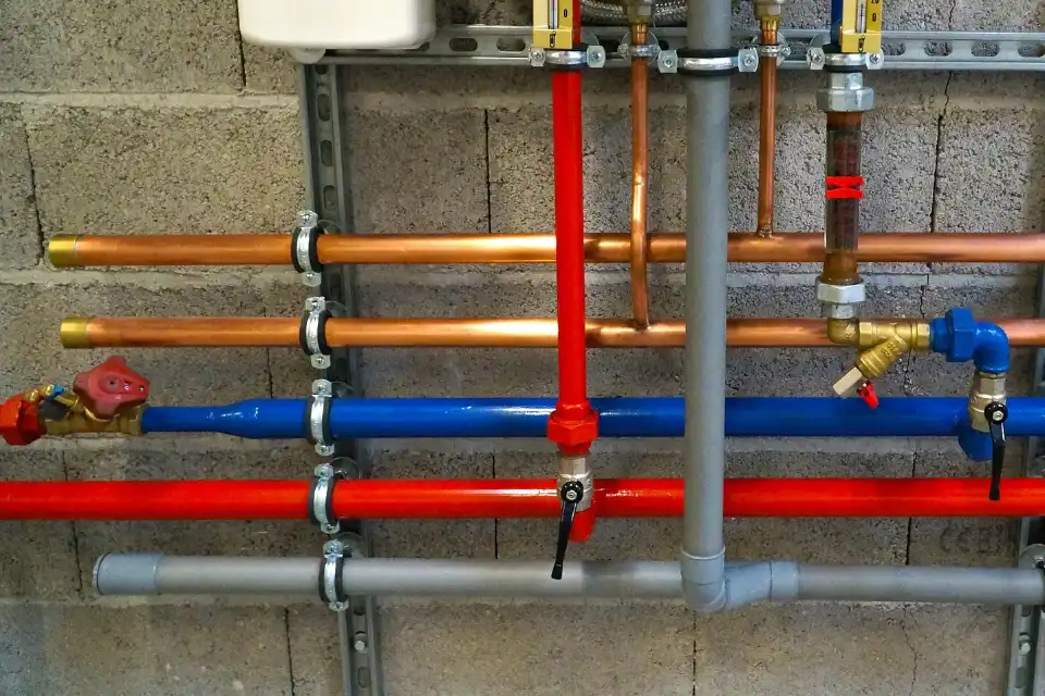 Copper, red, blue and gray water pipes mounted on a block wall